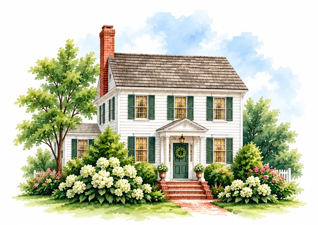 Painting of a white colonial house with green shutters, a red brick chimney and white hydrangeas, from the Heritage House Art logo.