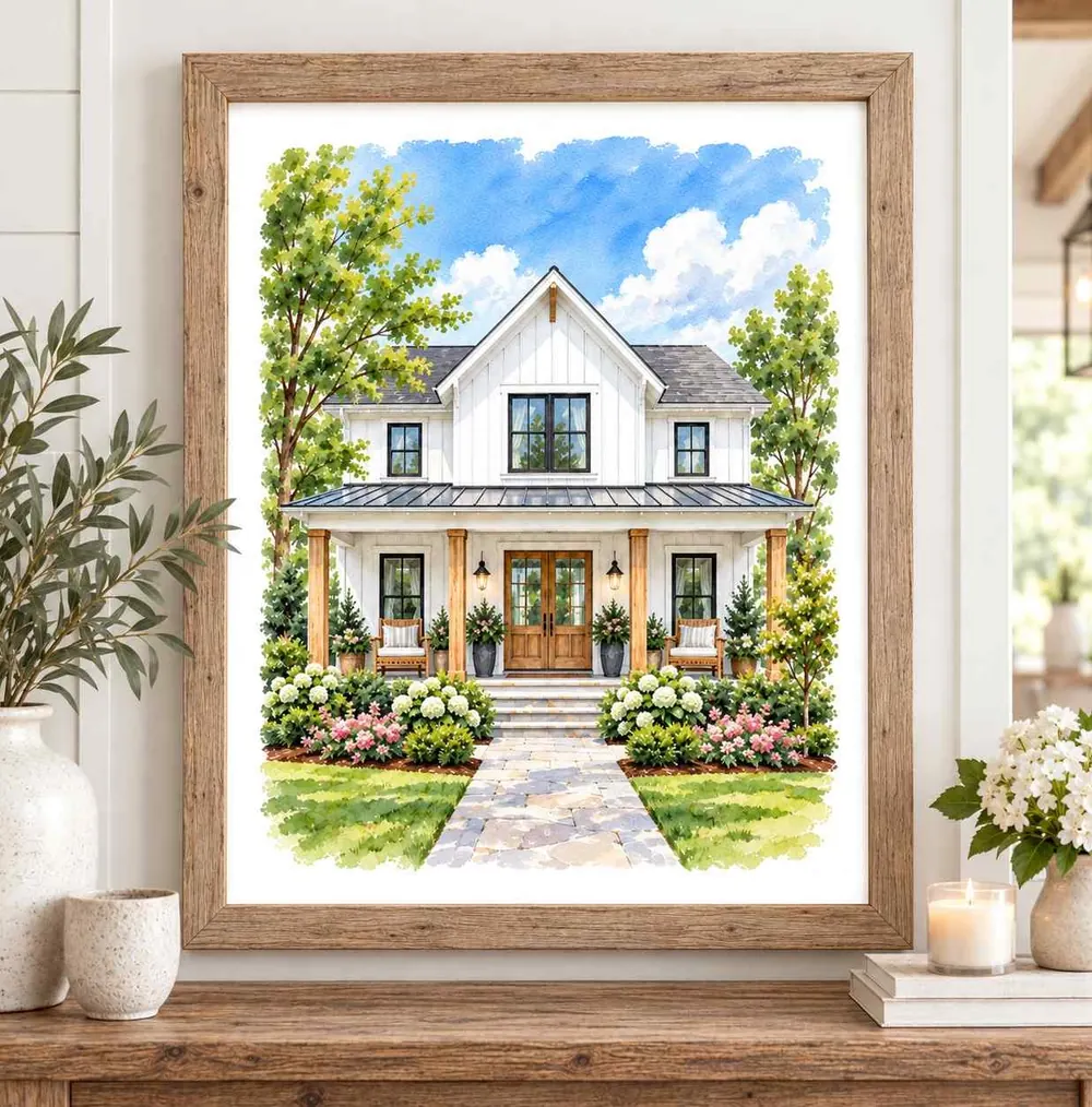 A framed print of a white farmhouse with a front porch, on a wooden mantel beside a lamp, plants and books.