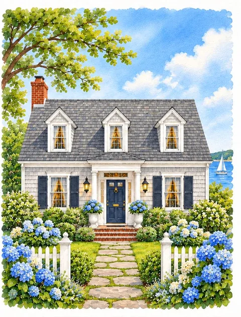 Painting of a Cape Cod house with dormers, a picket fence and blue hydrangeas.