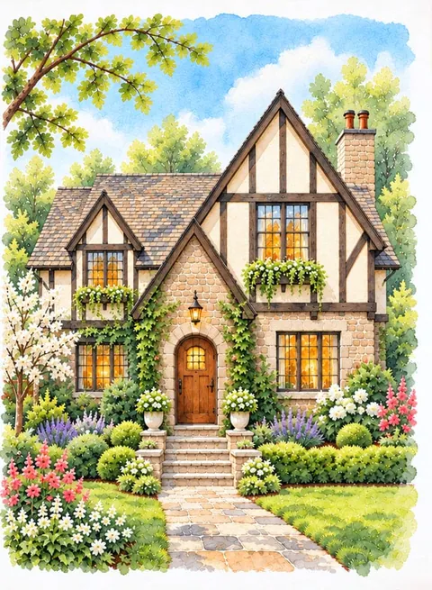 Painting of a Tudor style cottage with a stone path and a flower garden.