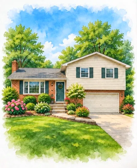Painting of a split level house with a garage and a green lawn.