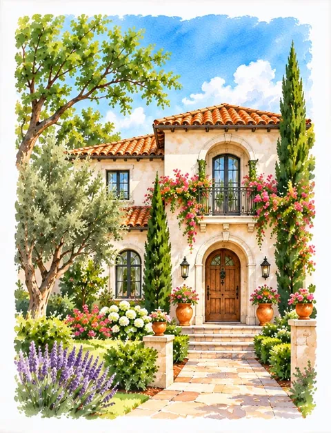 Painting of a Mediterranean style house with a tile roof, cypress trees and lavender.