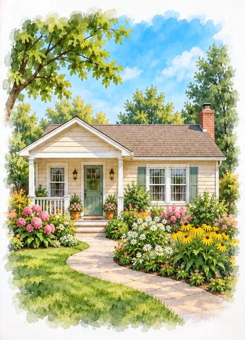 Painting of a white cottage with a porch and a curving garden path.