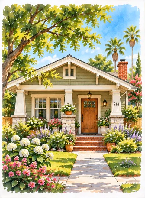 Painting of a craftsman bungalow with a front porch and a garden path.