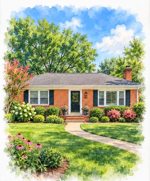 Painting of a brick ranch house with a wide green lawn.