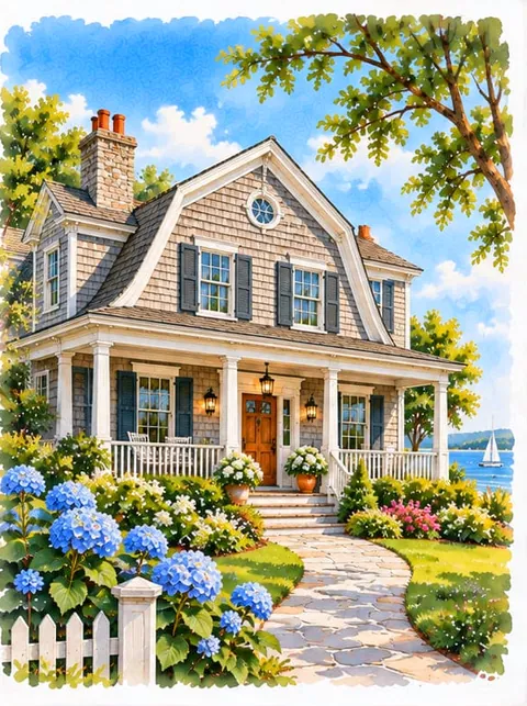 Painting of a shingled house with a wraparound porch and blue hydrangeas.