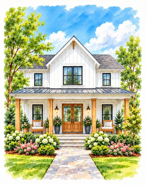Painting of a white farmhouse with a front porch and a paved walk.