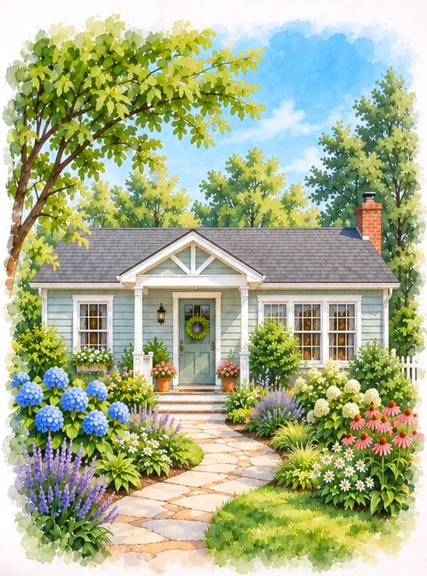 Painting of a small gray cottage with blue hydrangeas along the path.