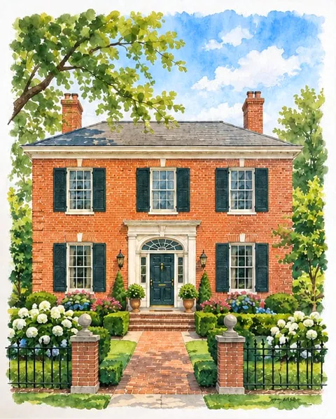 Painting of a red brick colonial house with black shutters and a brick walk.