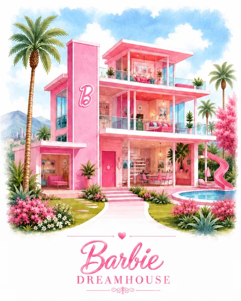 Painting of a pink three story modern house with palm trees, lettered Barbie Dreamhouse.