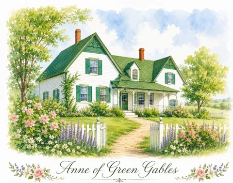 Painting of a white farmhouse with green gables, lettered Anne of Green Gables.