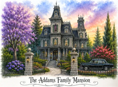 Painting of a dark Victorian mansion under a purple sky, lettered The Addams Family Mansion.