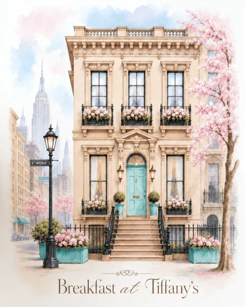 Painting of a city townhouse with a mint green door, lettered Breakfast at Tiffany’s.