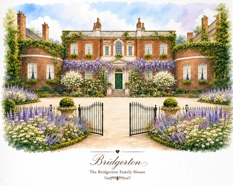 Painting of a brick manor house behind wisteria and gates, lettered Bridgerton.