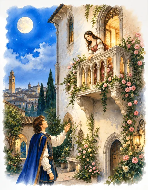 Painting of a moonlit stone balcony with roses, a woman above and a man below.