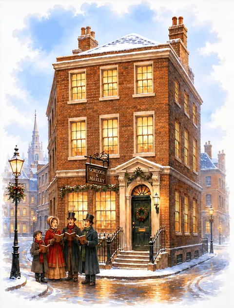 Painting of a brick townhouse in the snow, with lamplight and carolers in old fashioned dress.