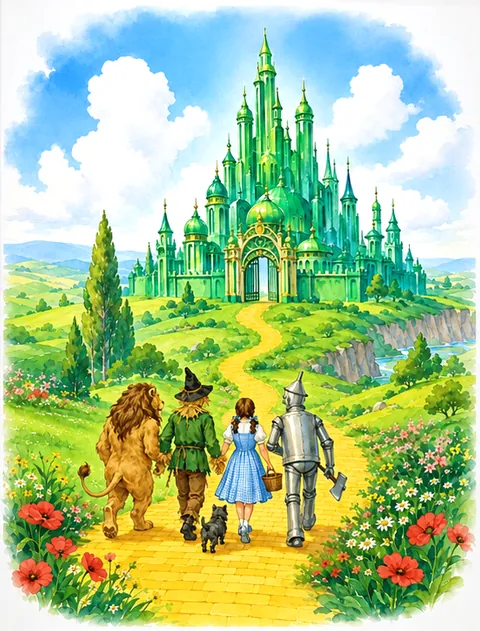 Painting of a green city of spires on a hill, with a yellow road and four travelers.