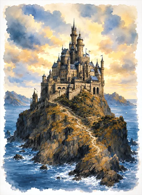 Painting of a castle on a rocky island above the sea.