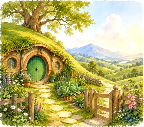 Painting of a round green door set into a grassy hillside, with a path and a garden.