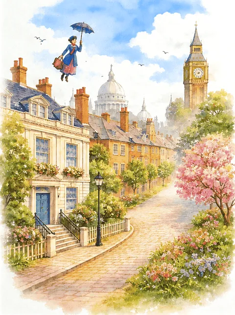 Painting of a row of London houses in spring, a clock tower beyond, and a figure with an umbrella in the sky.
