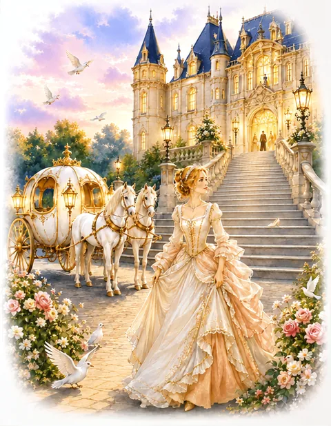 Painting of a palace stair at dusk, a woman in a ball gown and a carriage.