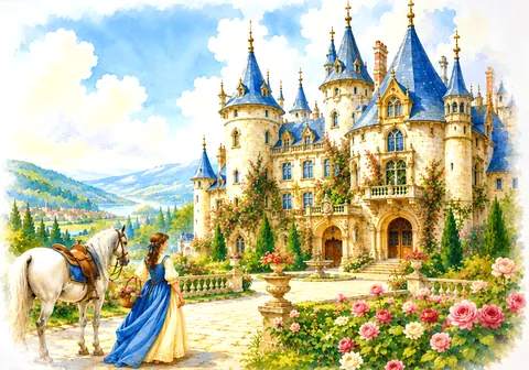 Painting of a castle with blue spires above a garden, a woman in blue and a white horse.