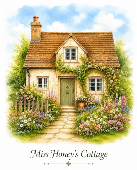 Painting of a small cottage with a climbing rose and a stone path, lettered Miss Honey’s Cottage.