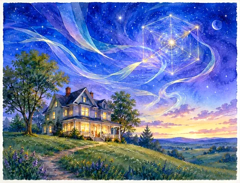 Painting of a house on a hill under a starry night sky with northern lights.
