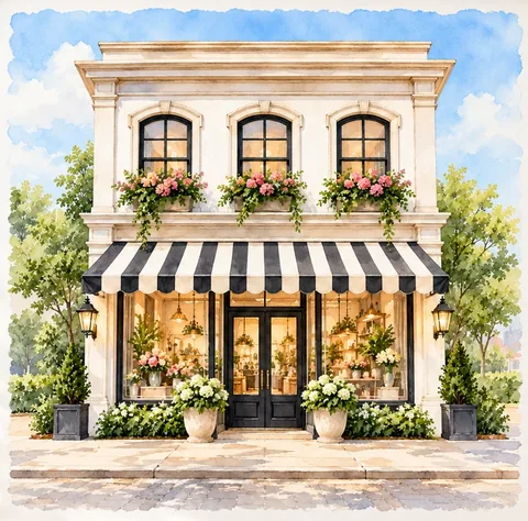Painting of a two story storefront with arched windows, flower boxes and a black and white striped awning.