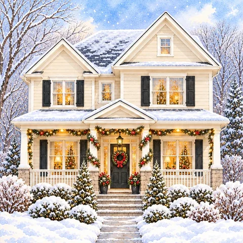 Painting of the same house in winter, with snow, garlands and a wreath on the door.