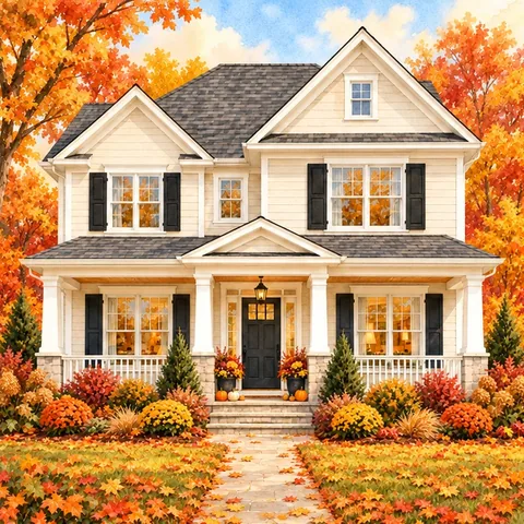Painting of the same house in fall, with orange and red trees and leaves across the lawn.