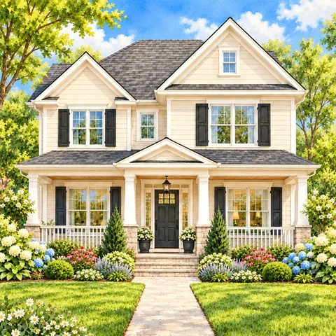 Painting of the same house in summer, with green lawns, hydrangeas and a stone walk.