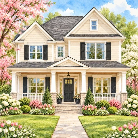 Painting of a cream two story house with black shutters in spring, with pink blossoms and tulips along the lawn.